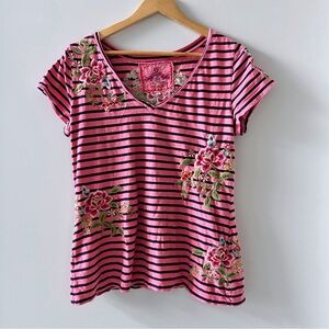 Johnny Was Pink and Black Striped Top with Floral Embroidery